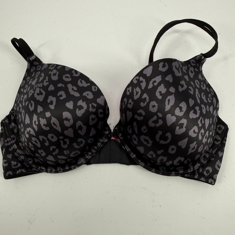Victoria's Secret PINK Push-Up Bra Women 34D Black‎ Grey Leopard Print Underwire